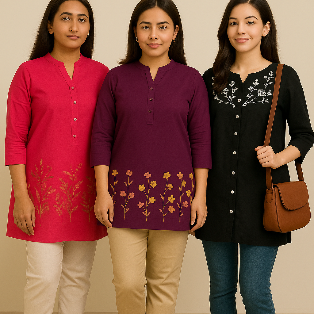 3 Floral Embroidery Short kurtis