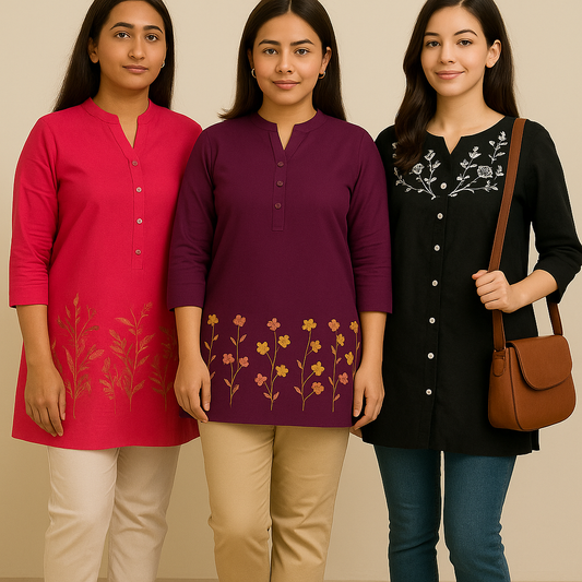 3 Floral Embroidery Short kurtis
