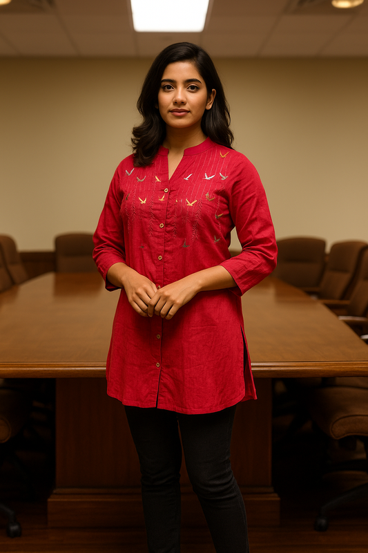 Red Floral Embroidery Short Kurti