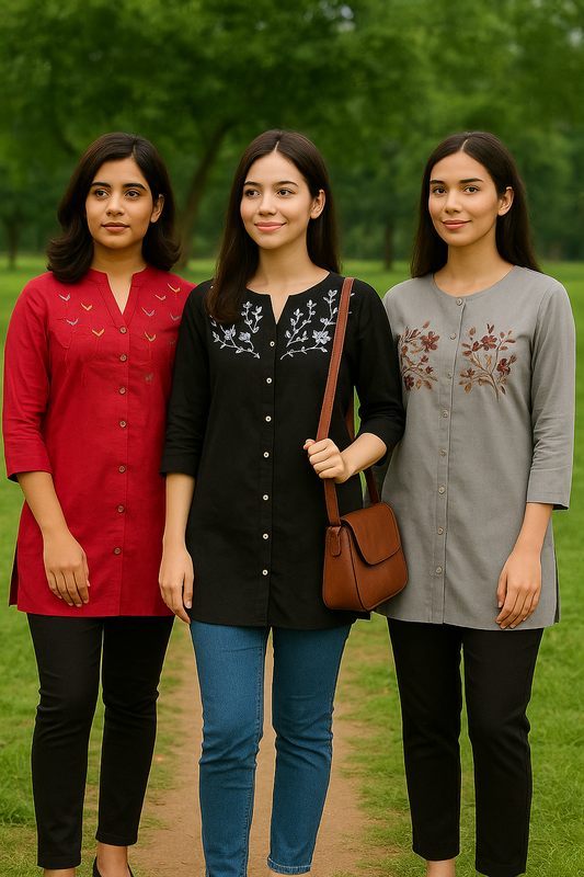 3 Floral Embroidery Short Kurtis